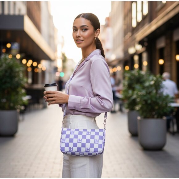 Local Heroes Vichy Checkered Baguette Bag – Purple & White ✦ Logo ✦ Rare NWT - Picture 1 of 2